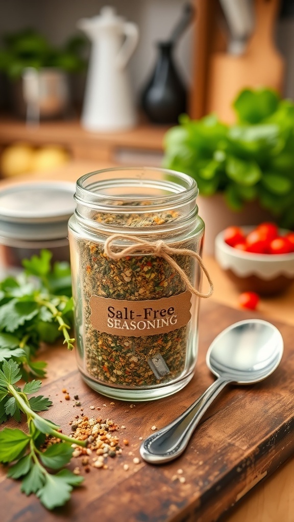 A jar of salt-free herb and spice seasoning blend with fresh herbs on a wooden countertop.